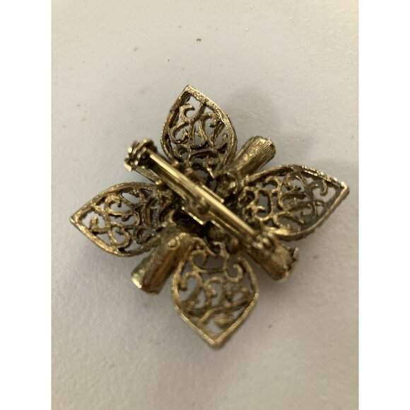 Gold and Blue Brooch with Rhinestones in the Middle 1 1/2" x 1 1/2" - Picture 3 of 3